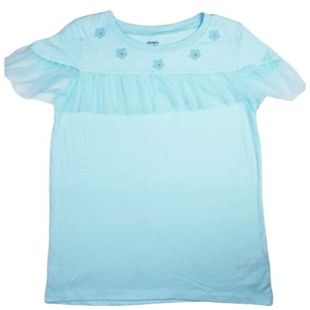 Carters Baby Girl Blue Ruffle T-Shirt With Floral Embellishments 6 Months